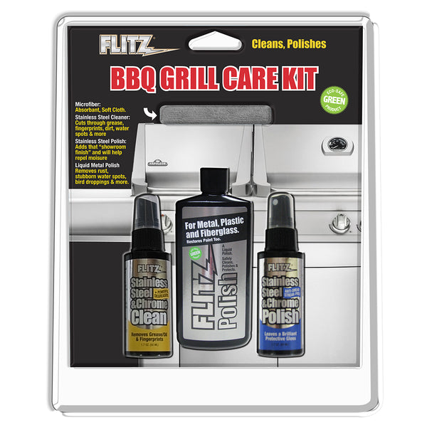 Flitz BBQ Grill Care Kit w/Liquid Metal Polish, Stainless Steel Cleaner, Stainless Steel Polish/Protectant Towelettes  Microfiber Cloth [BBQ 41504]